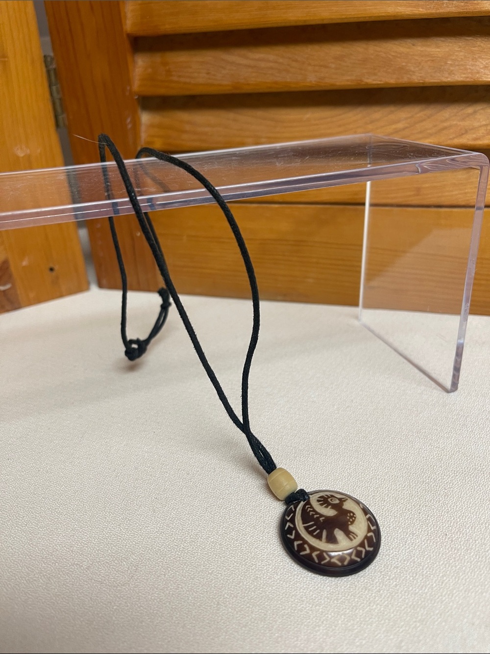 Carved Round Pendant Necklace with Black Cord - Brown & Cream